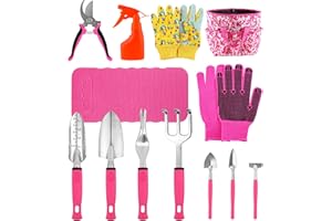 URASISTO Garden Tool Sets for Women and Kids, Heavy Duty Aluminum Pink Gardening Tools Including Hand Trowel, Rake, Transplanting, Weeder, Pruner, Sprayer, Kneeling Pad, Gloves