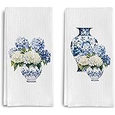 Qpenm Blue and White Porcelain Chinoiserie Kitchen Towels Set of 2, Hydrangea Floral Dish Towels Tea Towels for Kitchen, Chinoiserie Decor Hand Towels for Bathroom, Grand Millenial Decor 16x24 Inch