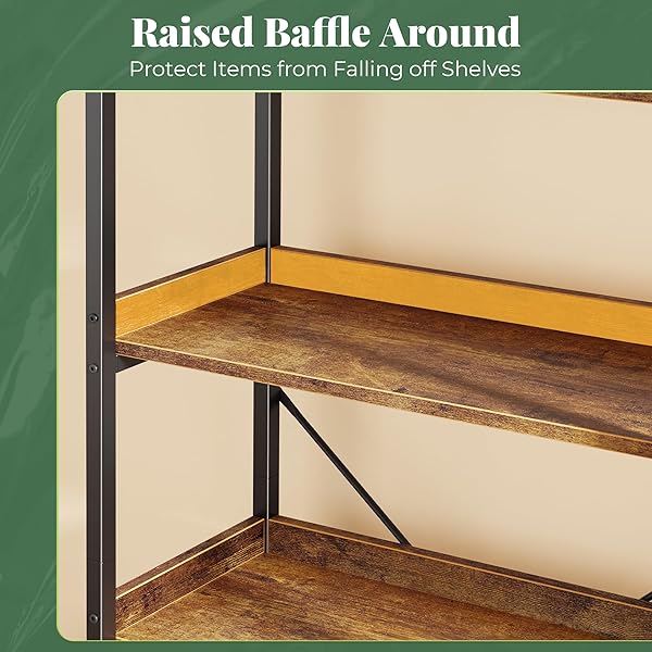 HUUGER 5 TIER BOOKSHELF, DISPLAY BOOKSHELF WITH 10 OPEN SHELVES AND RAISED BAFFLE, 47.2 INCH STRAIGHT WIDE BOOKCASE WITH METAL FRAME AND WOODEN BOARD, ADJUSTABLE FEET, RUSTIC BROWN