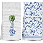 Hxlac Chinoiserie Decor Kitchen Towels Set of 2, Blue and White Porcelain Dish Towels, Blue Floral Hand Towels for Kitchen Bathroom Decor, Blue and White Chinoiserie Tea Towels Dishcloths(16x24in)