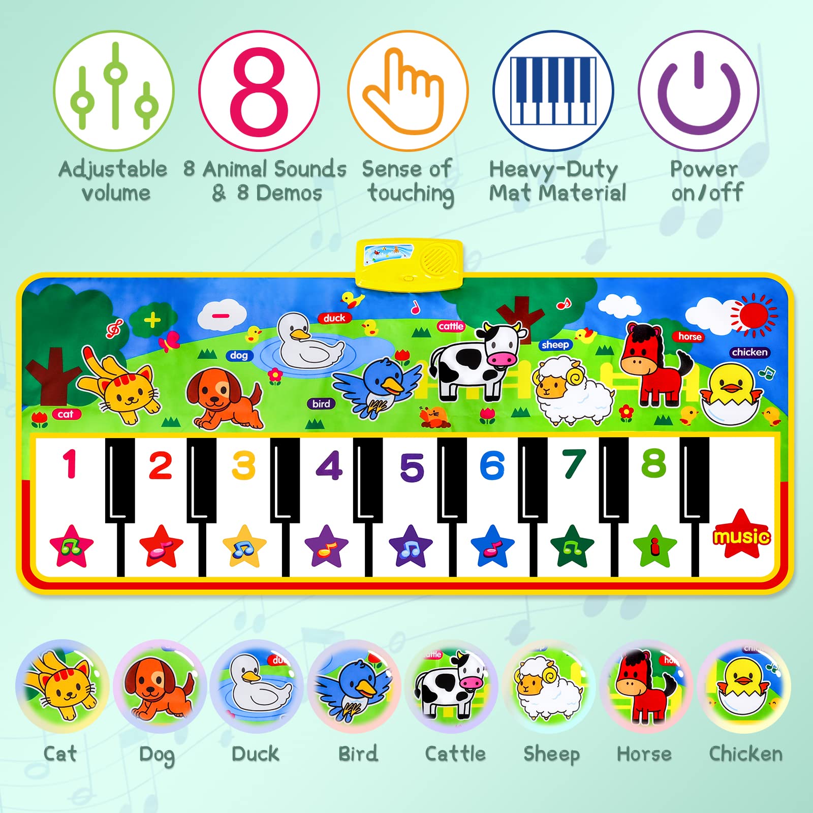 M SANMERSEN Piano Mat, 53'' x 23'' Musical Toys for Toddlers Floor Piano Touch Playmat with 8 Animal Sounds, Music Keyboard Dance Mat Toddler Toys Gifts for Boys and Girls 1 2 3 4 5 Year Old