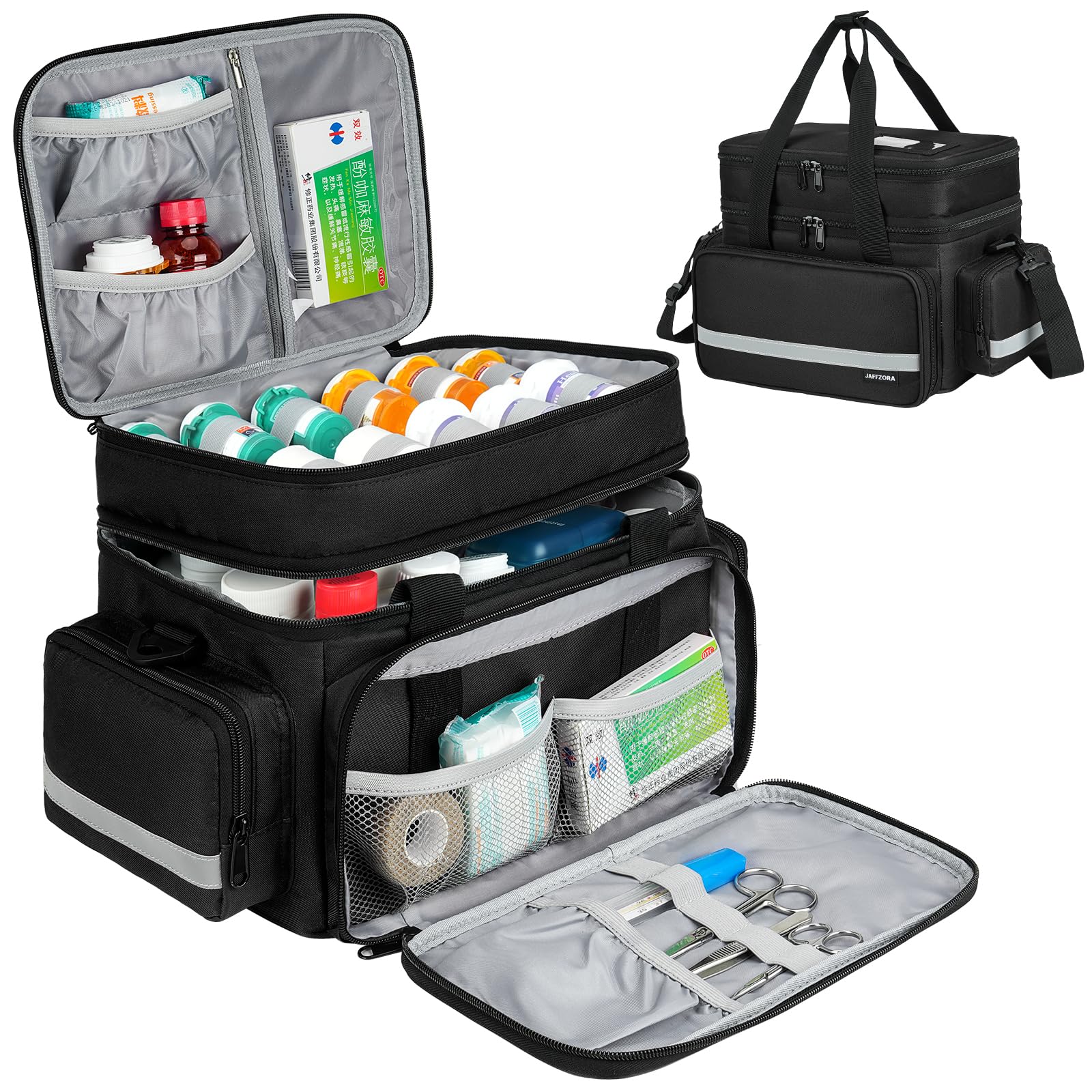 Photo 1 of Large Pill Bottle Organizer, Double Layers Medicine Storage Bag with Lockable Zippers and Shoulder Strap,Medication Travel Bag for Prescription Bottles, Vitamins & Medical Supplies, Black (Bag Only)