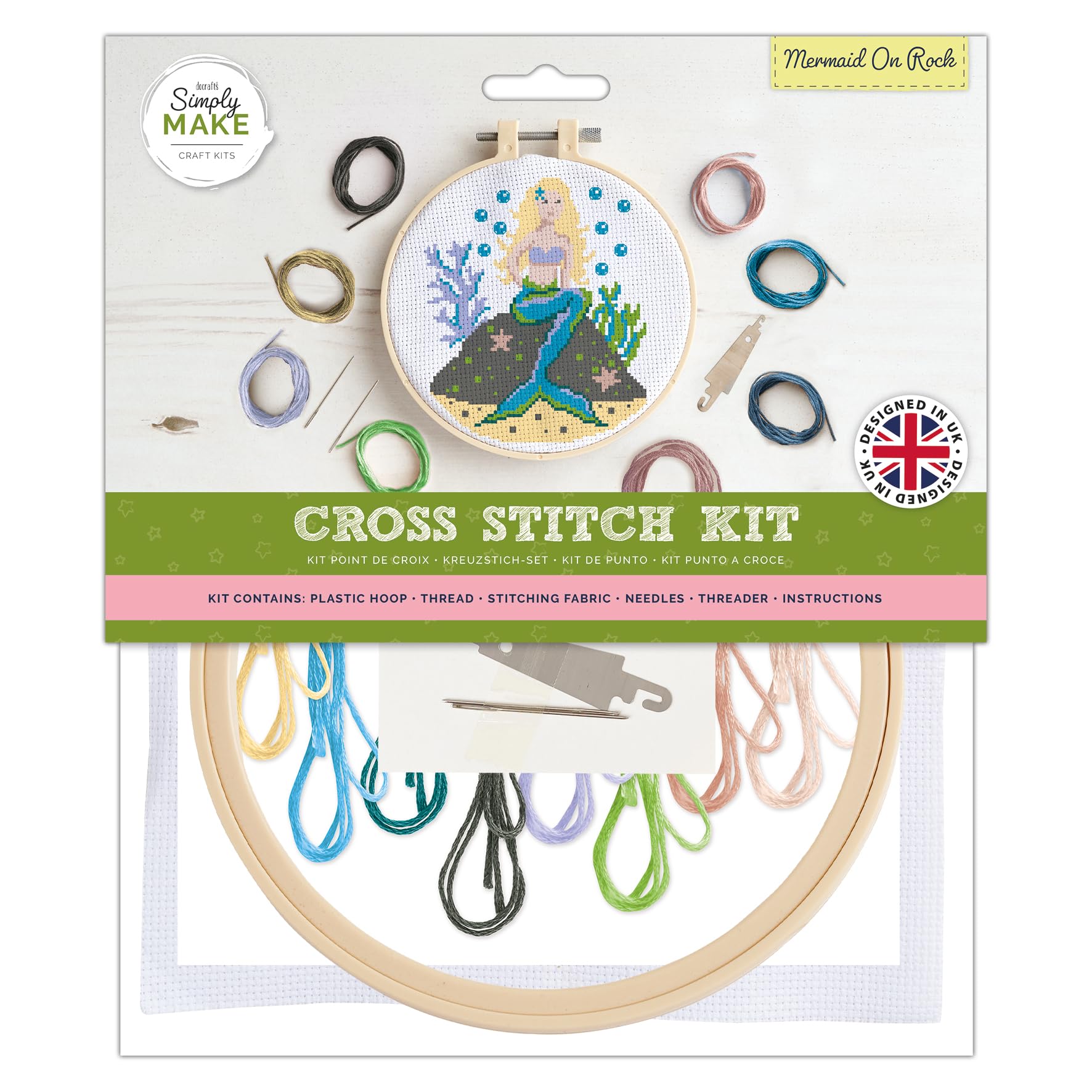 Simply Make Cross Stitch Kit - Mermaid On Rock for Kids and Adults, Including Hoop, Embroidery Thread, Fabric and Needle - Perfect for Adult Crafts and Beginners - Starter Cross Stitch Craft Kit