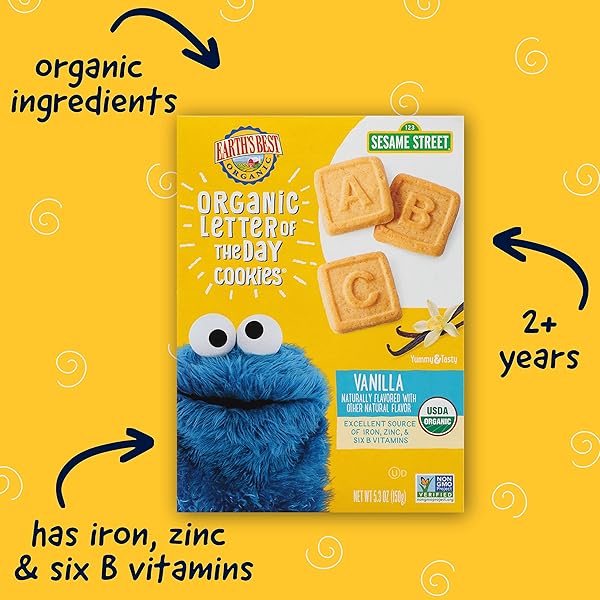 EARTH’S BEST SESAME STREET ORGANIC LETTER OF THE DAY COOKIES VERY VANILLA — 5.3 OZ