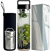 aecotea 23 oz Borosilicate Glass Water Bottle with Handle Lid - Motivational Sports Drinking Bottle with Neoprene Sleeve (Black)