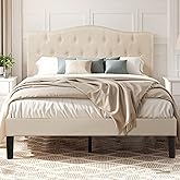 VECELO Full Size Platform Bed Frame with Fabric Upholstered Headboard and Wooden Slats Support, No Box Spring Needed/Easy Assembly,Beige