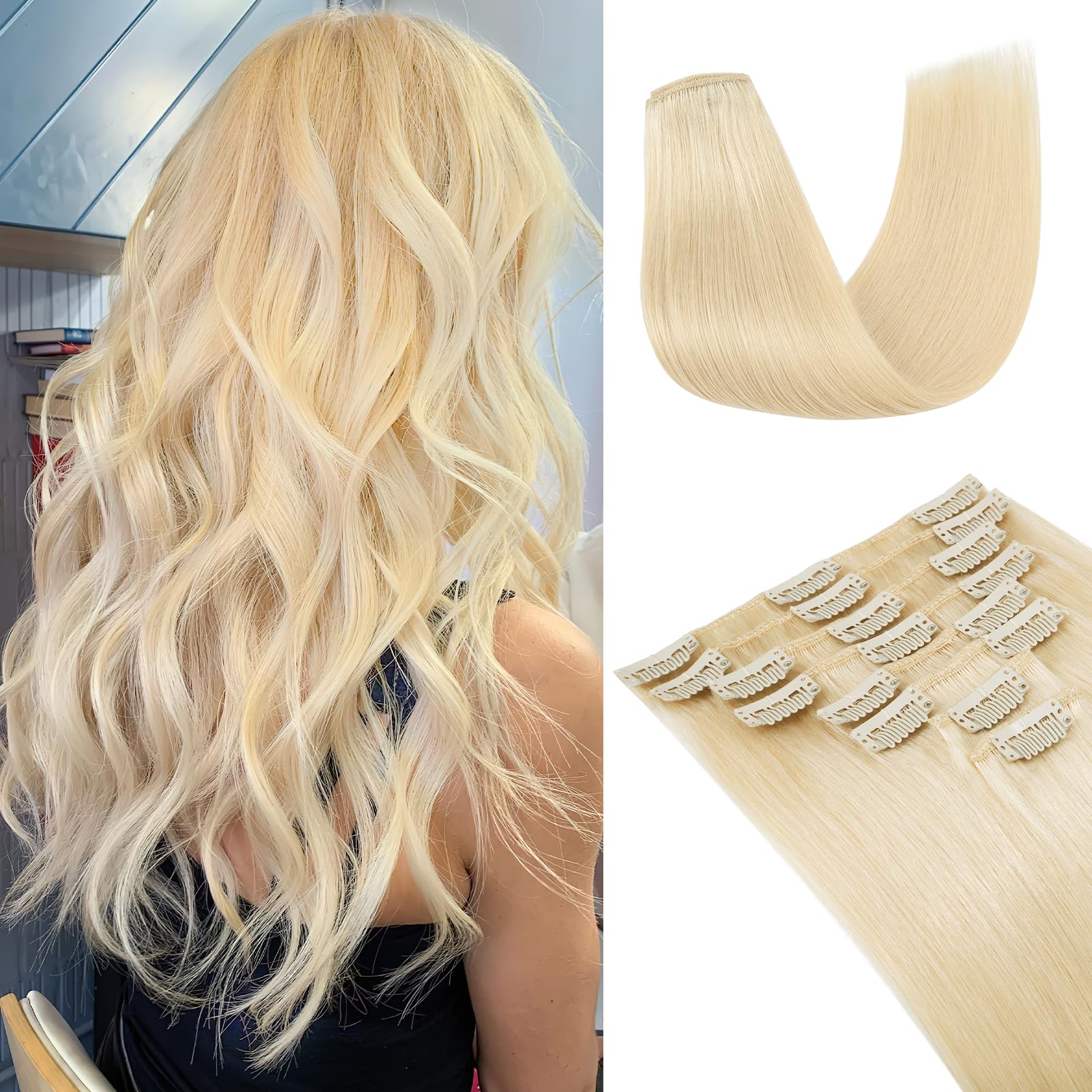 UK-Fashion-Shop Human Hair Extensions Clips in Real Hair Extension 8pcs 18 clips Long Straight Natural 10inch(50g)#613 Bleach Blonde — image 1