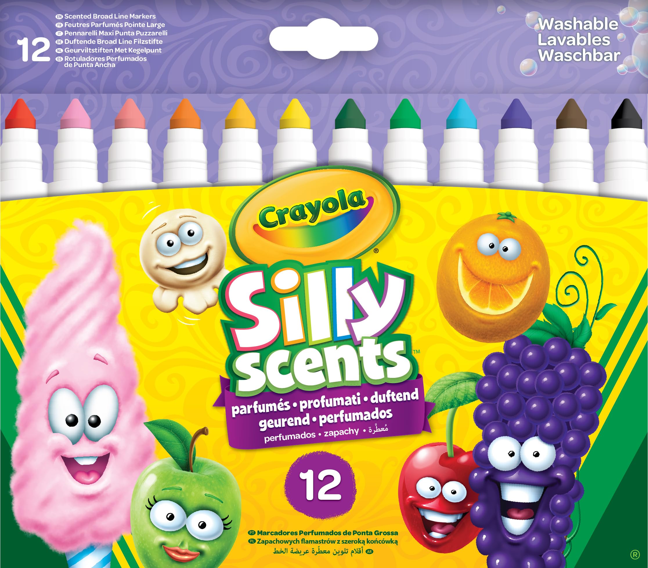 CRAYOLA Silly Scents Broadline Washable Markers - Assorted Colours (Pack of 12) | Unique Sweet Scents & Colours! | Ideal for Kids Aged 3+