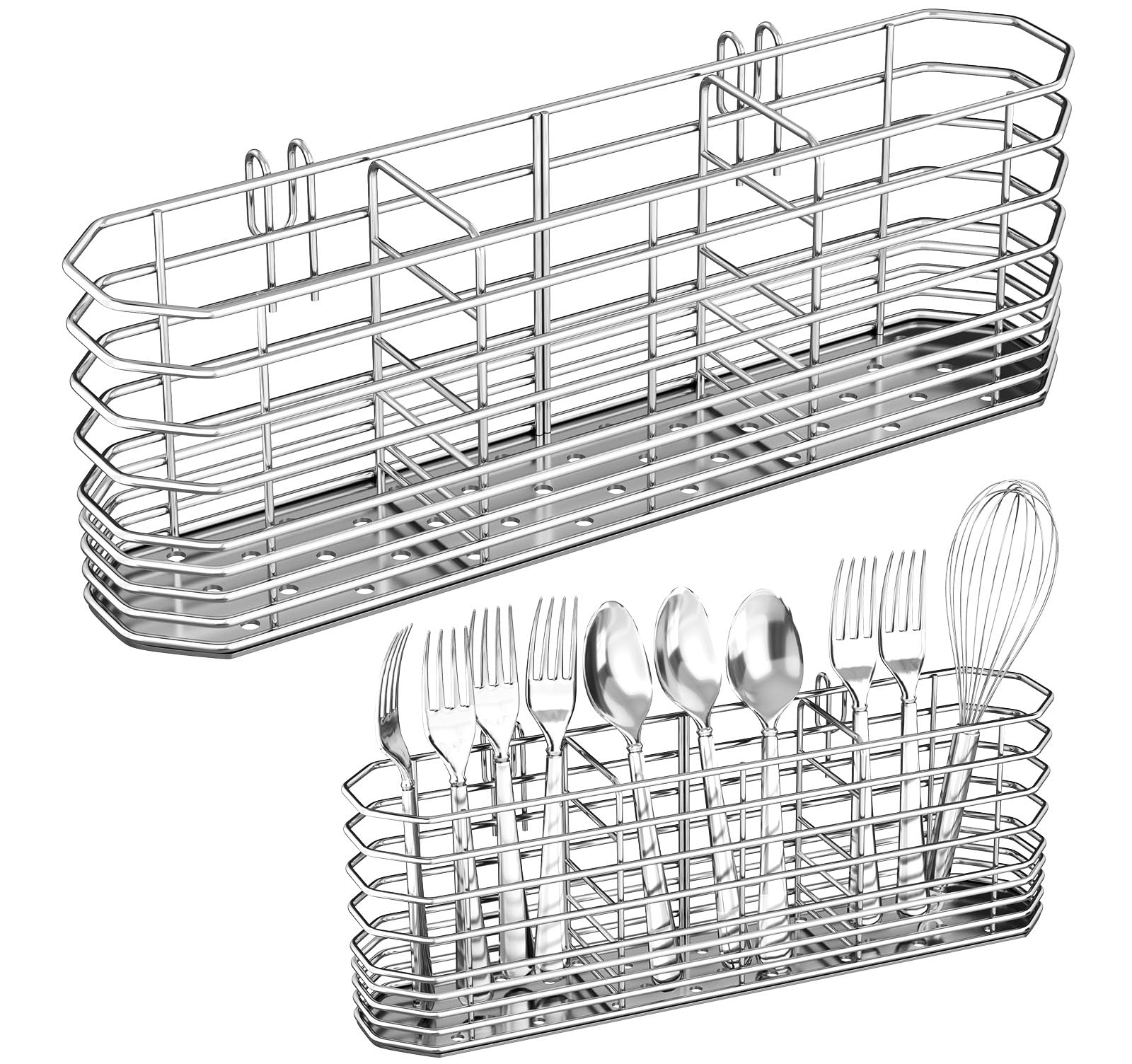 Photo 1 of 304 Stainless Steel Utensil Holder, Silverware Drying Rack with Hooks for Dish Drainer, Knife and Fork Drainer Basket with 3 Divided Compartments, Kitchen Drainage Basket Accessories, Rust Proof
