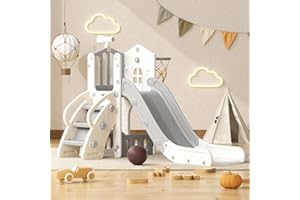 YUFU 5 in 1 Toddler Slide, Kids Slide with Climber, Basketball Hoop and Ball, Outdoor Indoor Playset for Toddlers Age 1-3 (Beige+Gray)