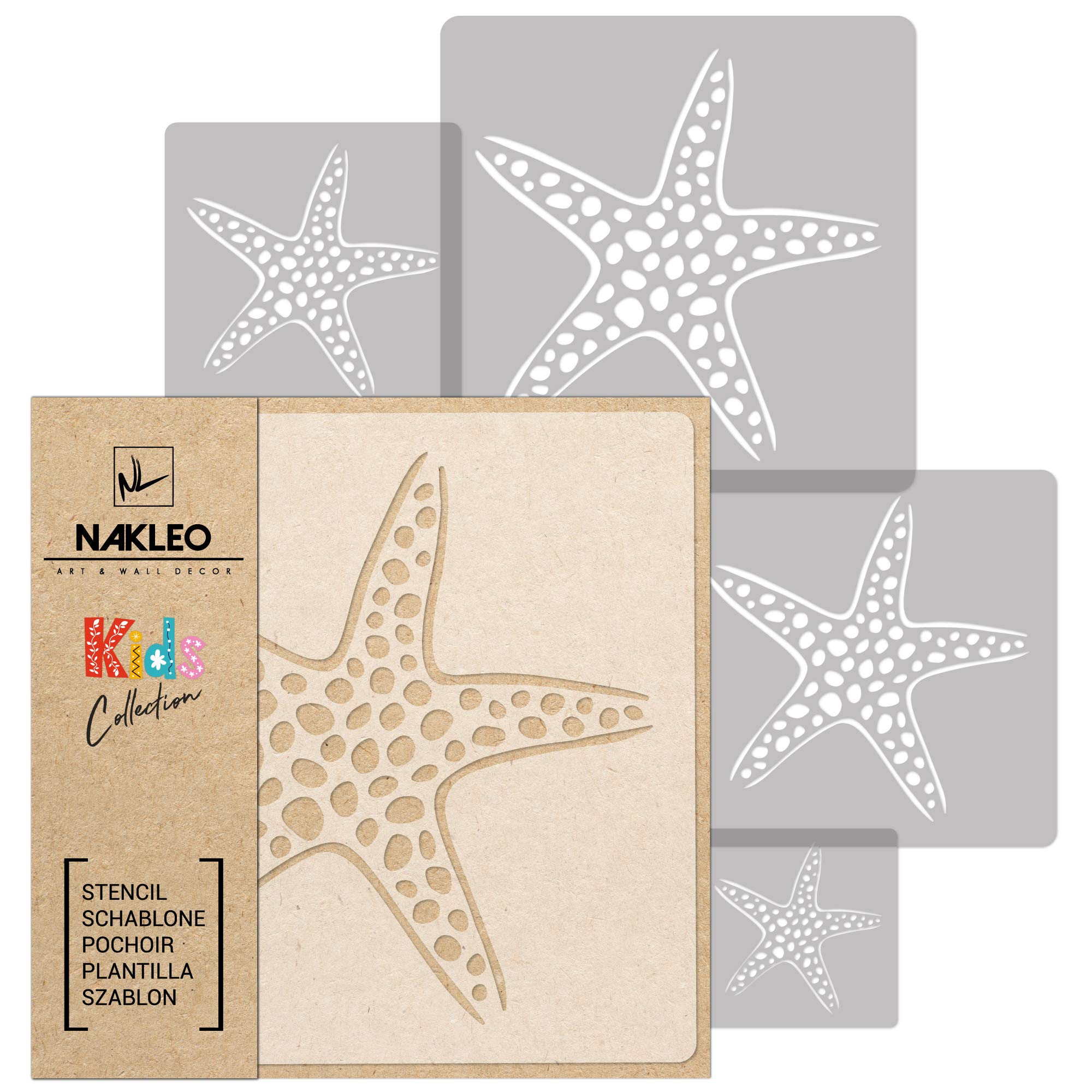 NAKLEO Painting Stencils Set for Nursery Room, 5 Pcs Templates 9x9 to 34x34cm Starfish Marine Animal, Plastic and Reusable Drawing Stencils, Decor, Craft DIY Wall Furniture