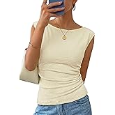 ZESICA Women's Summer Ruched Trendy Tank Top 2026 Cap Sleeve Boat Neck Slim Fit Spring Tops Going Out Tee Shirts Fashion
