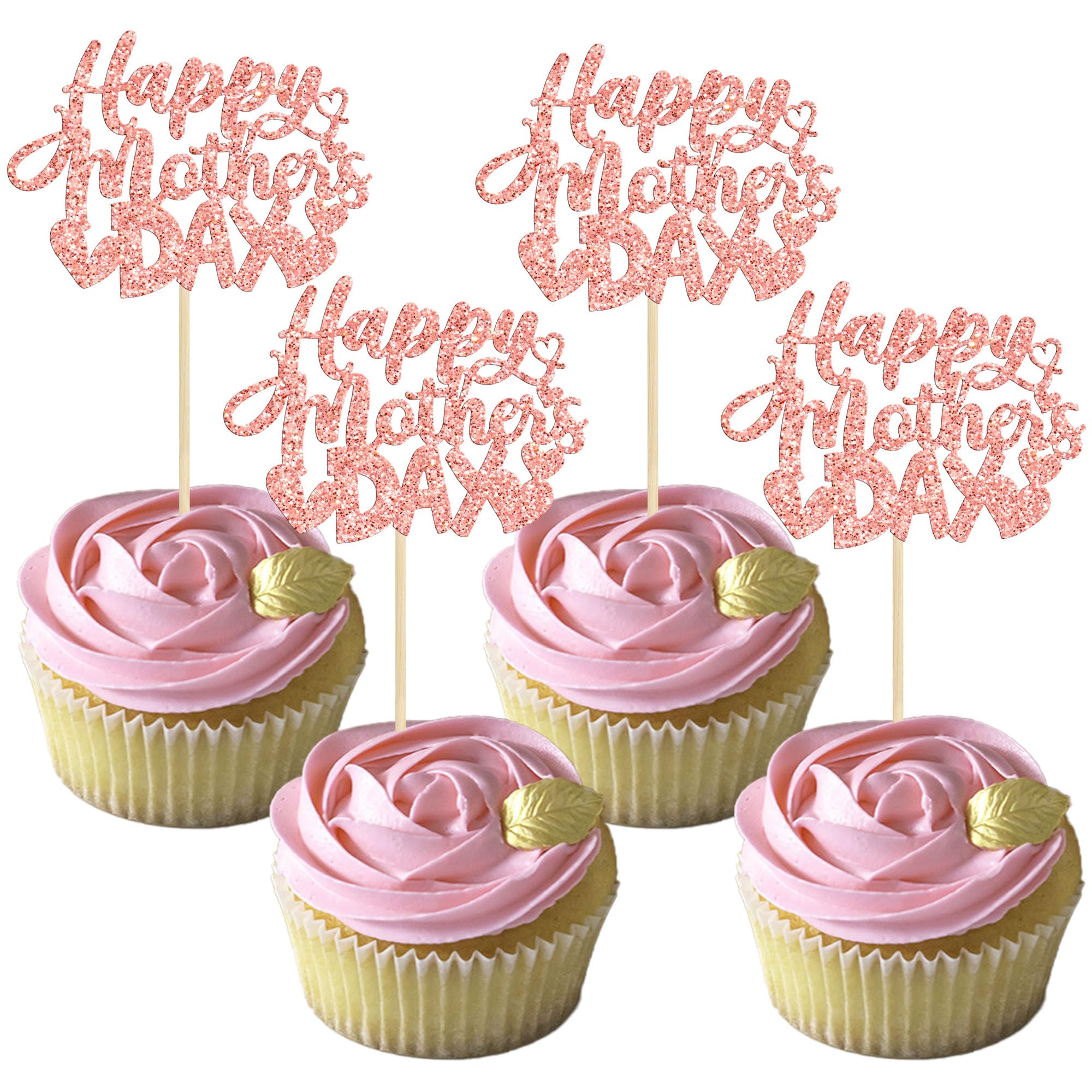 Gyufise 24Pcs Happy Mother's Day Cupcake Toppers Rose Gold Glitter Love Mother Best Mom Theme Cupcake Picks Happy Mother's Day Theme Party Cake Decorations Supplies