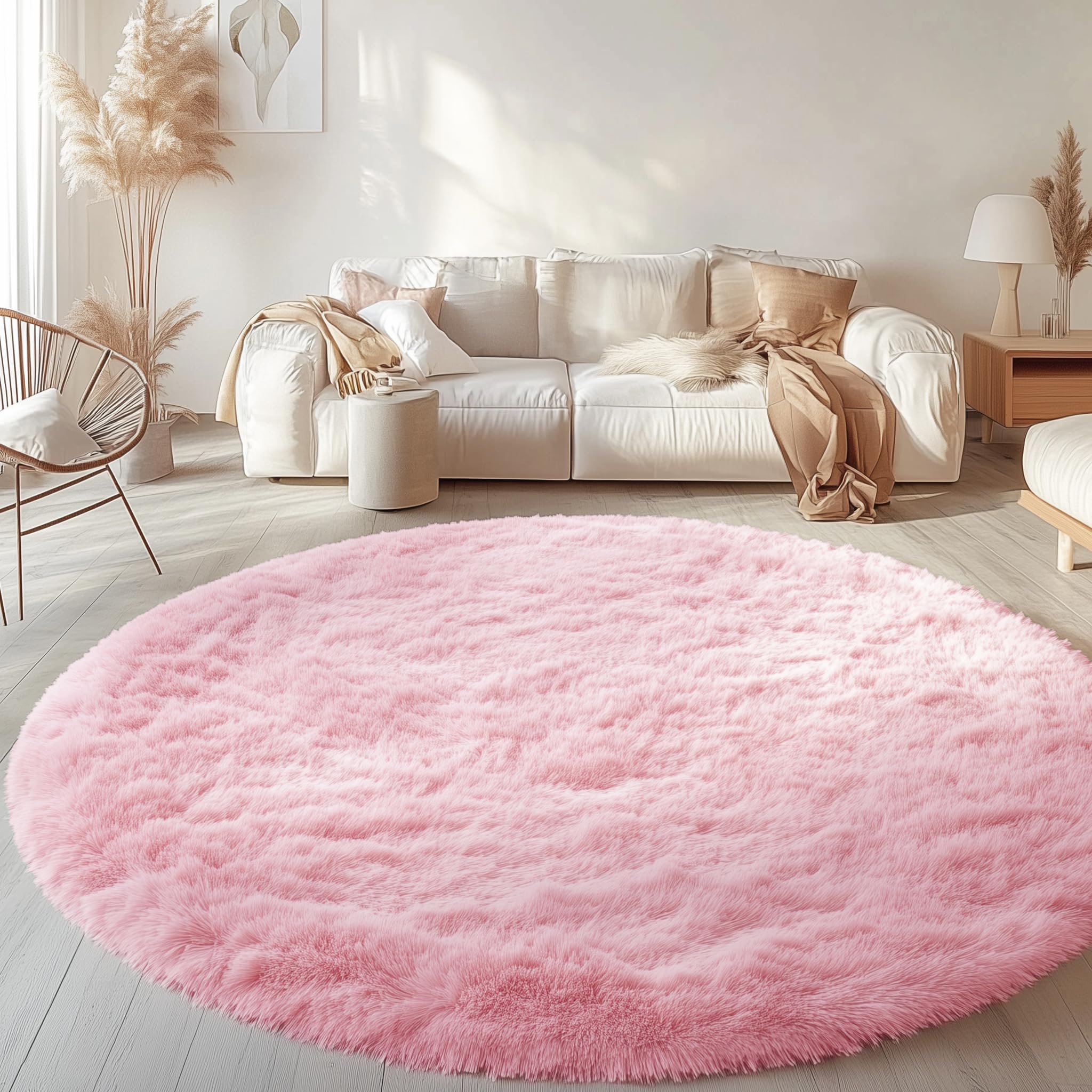 OLANLY Pink Round Rugs for Bedroom - Machine