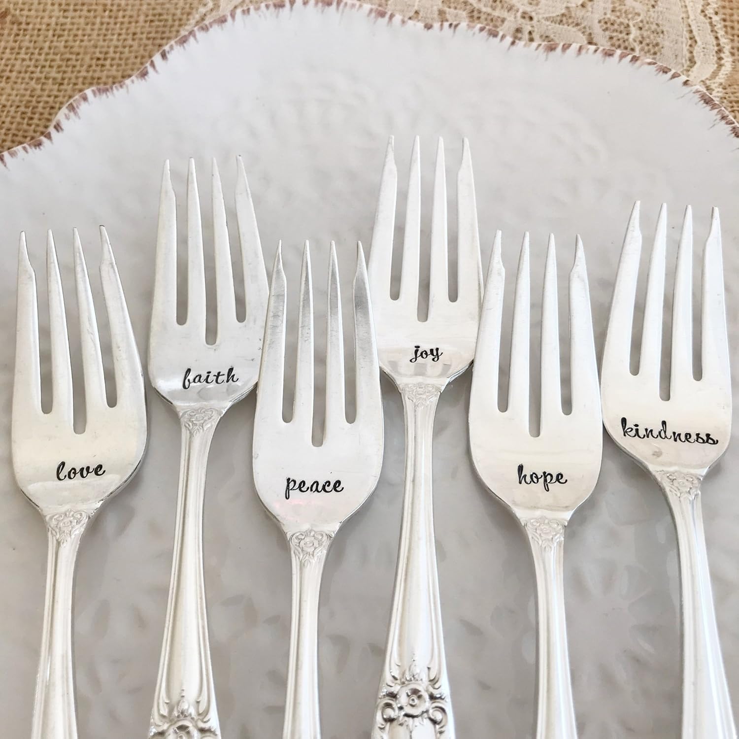 Set of 6, Hand stamped vintage forks, Christmas wishes