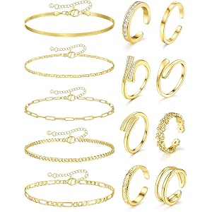 FINZOR 13 Pcs Toe Rings and Ankle Bracelets for Women Non Tarnish - Toe Rings Silver Gold Plated Adjustable Open Tail Toe Rin