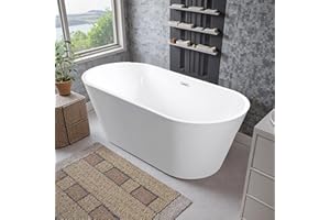 HIGREENA 55"Acrylic Free Standing Bathtub, Bath Tub for Bathroom Glossy White, Stand Alone Soaking Tub, Modern Bathtub with Overflow and Drain