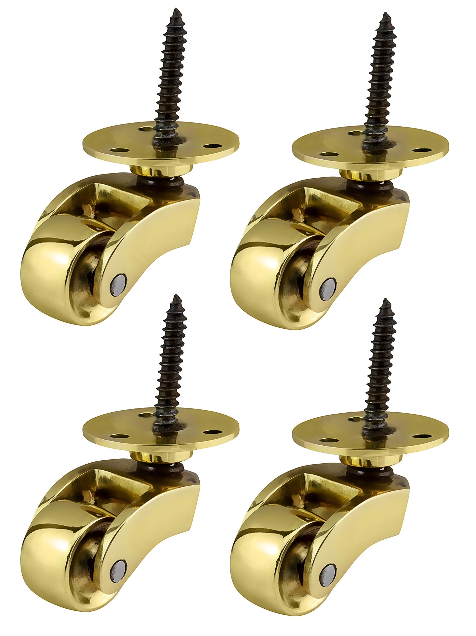 Solid Brass Castors Casters with 22mm Wheels – Genuine Solid Polished Brass – Antique Vintage – Screw Style Fitting – Polished Brass – UK Company - Set of 4