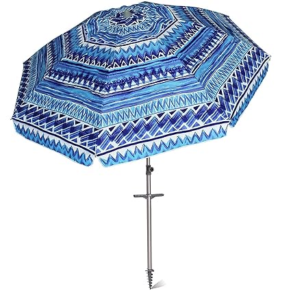 AMMSUN 7 ft Sand Anchor Beach Umbrella Adjustable Height with Zinc Tilt Twist-in System UPF 50+ Silver Coating Inside and Telescoping Pole/Blue