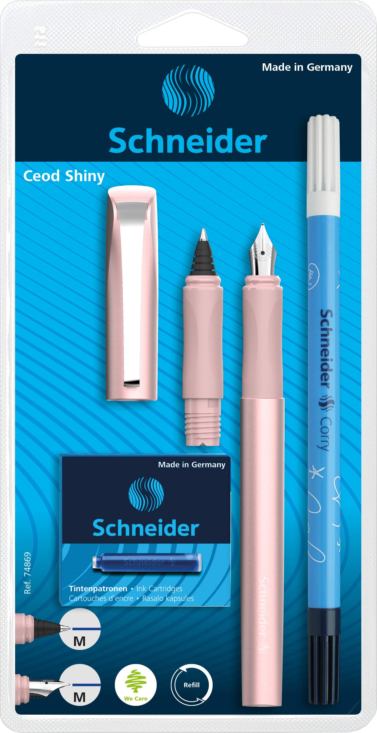 Schneider Ceod Shiny 74869 Writing Set with Fountain Pen, Rollerball Pen, Ink Killer (Right and Left-Handed Users, M Nib, Includes Ink Cartridges Royal Blue) Powder Pink