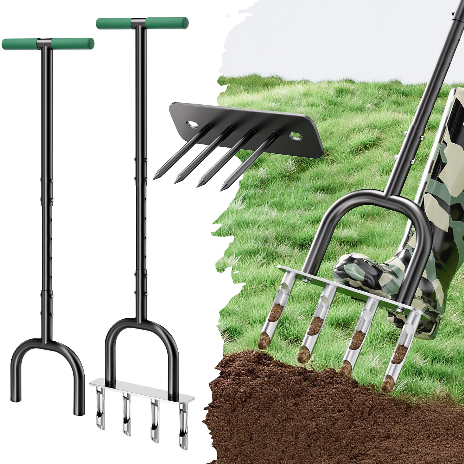 Photo 1 of GENNICCI Lawn Aerator, Core Aerator Lawn Tool & Lawn Spike Aerator, Hand Aerator Lawn Tool, Grass Aerator with Adjustable T-Handle, Garden Tool Solve Soil Compaction for Garden Grass and Yard