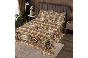 Erosebridal Western Boho Quilt Set King Western Bull Skull Coverlet Set Southwestern Aztec Bedspread Set Native Tribal Dream Catcher Feather Bohemian Bed Set Brown Geometric Pattern 3 Pcs