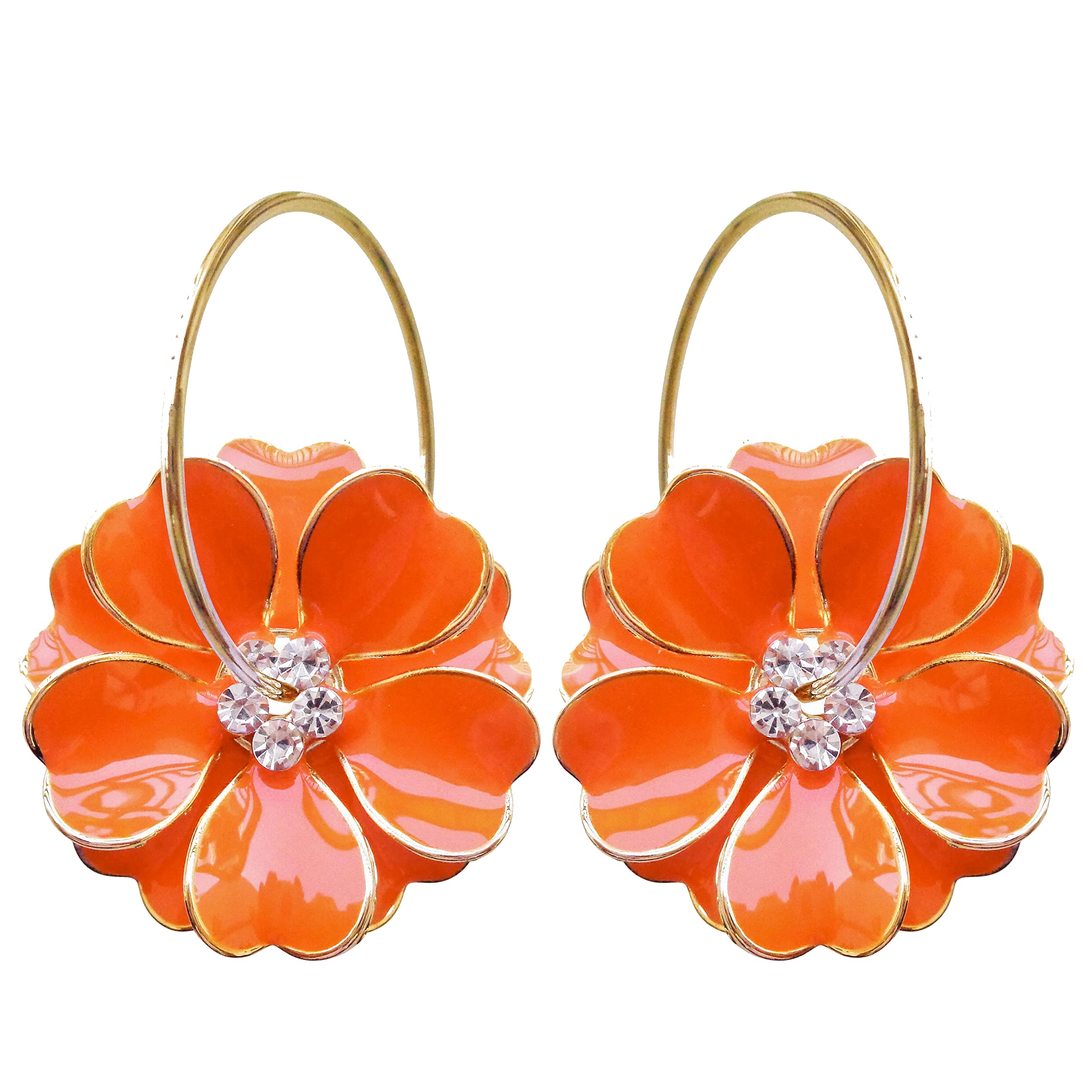 Navachi 18k Gold Plated Orange Enamel Flower Crystal Az2430e Hoop Earrings(dia. 3cm)