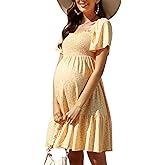 KOJOOIN Women's Maternity Square Neck Short Sleeve Summer Dress Smocked Boho Ruffle Casual Midi Dress Baby Shower Photoshoot
