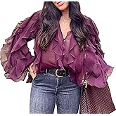 LETSVDO Women's Ruffle Chiffon Tops Puff Sleeve Sheer See Through Button Down V Neck Bubble Loose Casual Blouses Shirts