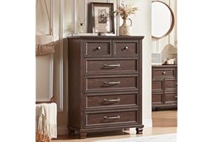 Farmhouse 6 Drawer Dresser for Bedroom, 45 Inch Tall Vintage Wood Chest of Drawers, for Home, Hallway, Walnut