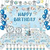 215 Pcs Space Happy Birthday Party Decorations - Outer Space Paper Plates Cake Cupcake Toppers Backdrop Tablecloth for Kids Boy Space Galaxy Astronaut Planets Theme Birthday Party Supplies Decoration