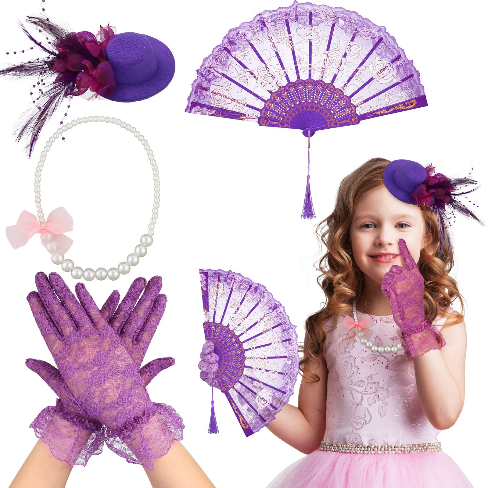 Photo 1 of Sintege 4 Pcs Girls Tea Party Set Girls Tea Party Accessories Gloves Hats Necklace Fans for Toddler(Purple)