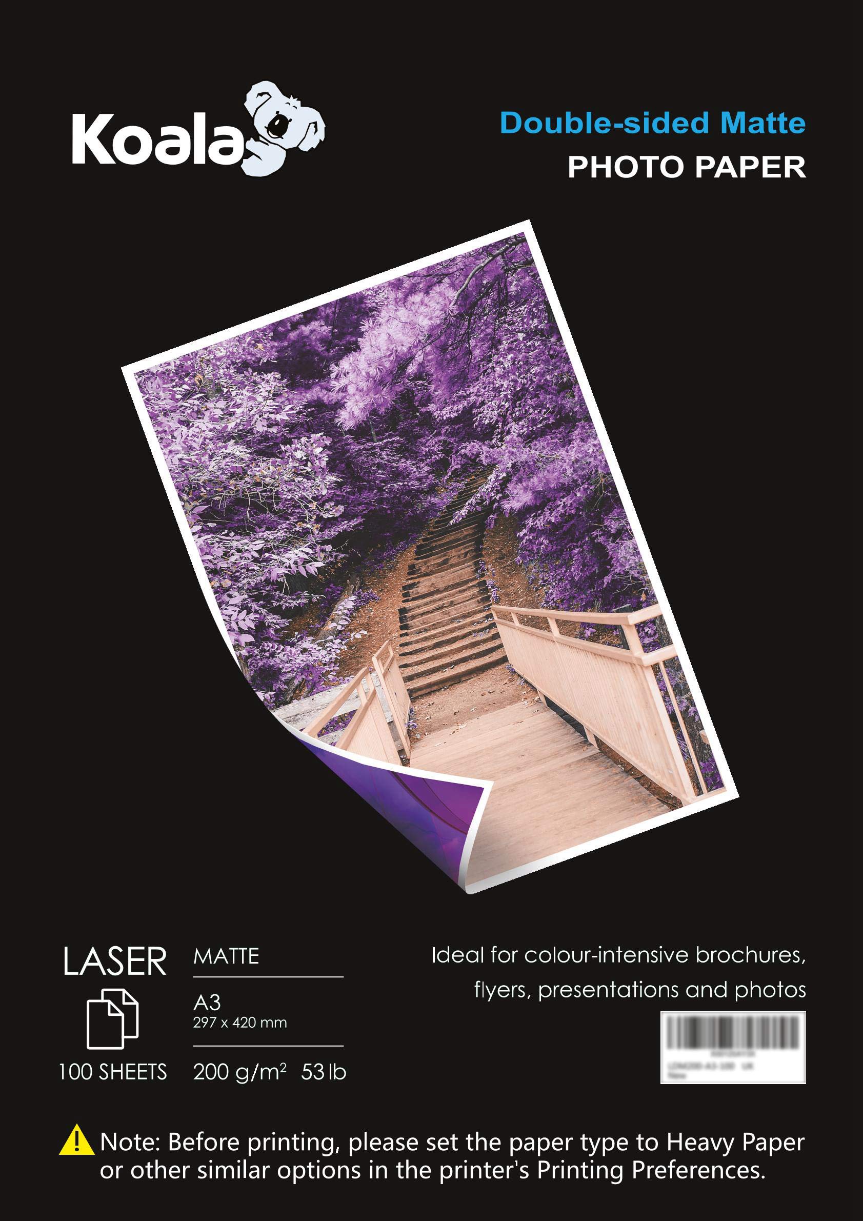 KOALA Double Sided Matte Laser Photo Paper A3, 200gsm, 100 Sheets. Suitable for Laser Printer, for Printing Photos, Brochures, Covers, Certificates, Booklets, Flyers, Leaflets, Cards, Calendars