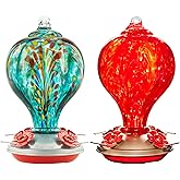 LaElvish Garden 2 Packs Hummingbird Feeder for Outdoors Hanging Ant and Bee Proof, 32OZ Hand Blown Glass Hummingbird Feeders for Outside, Christmas Decoration Gifts for Mom (Teal & Red)