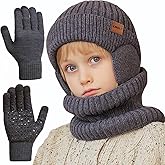 Kids Winter Beanie Hat Scarf Gloves Set 4-10Y, Knit Hat With Earmuffs Neck Gaiter Fleece Lined Touchscreen Gloves Boys Girls