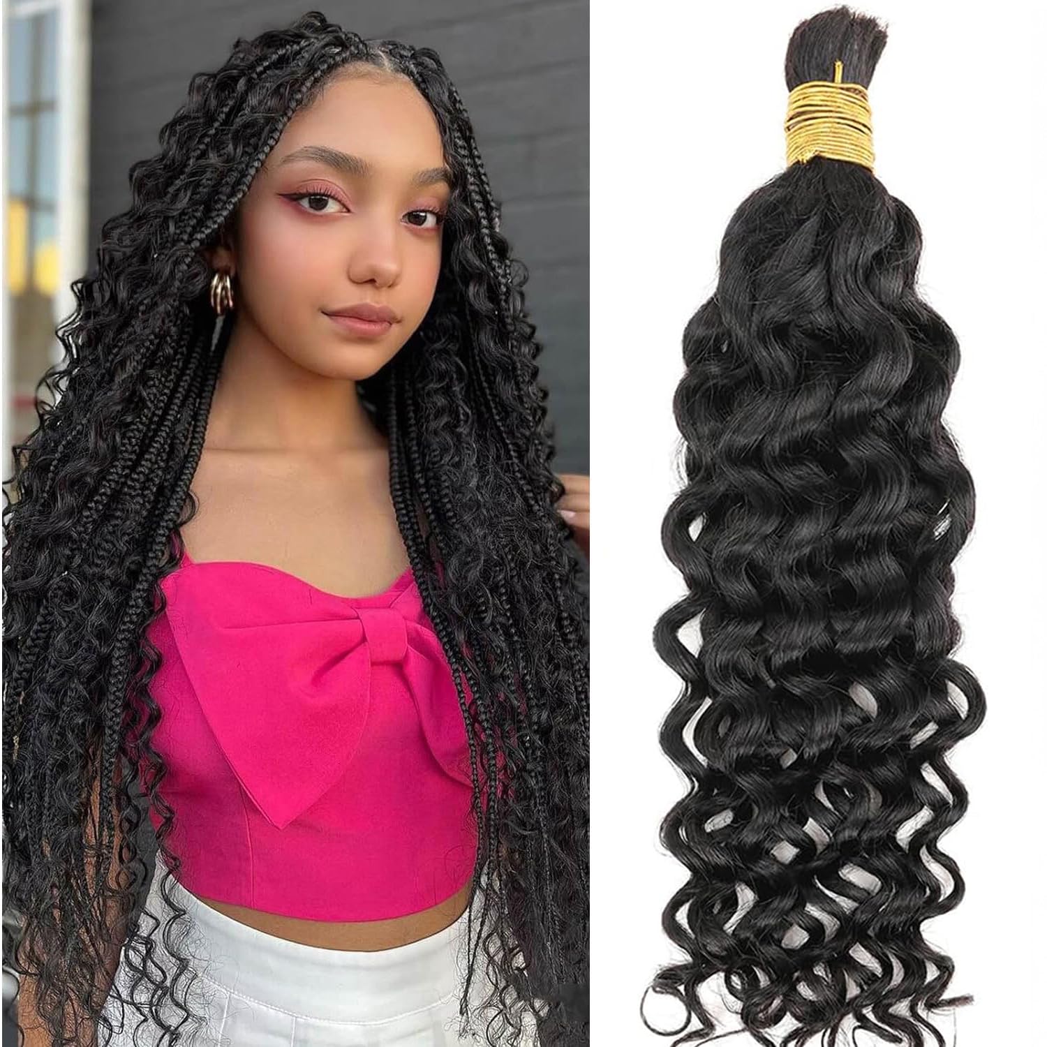 Human Braiding Hair Water Wave Human Hair Brazilian Curly Boho Hair for Braiding No Weft for Boho Braids Human Hair Natural color Wet and Wavy for Extensions Knotless Braids (18 inch/50g) — image 1