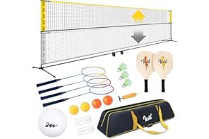 VSSAL 20FT Portable All-in-One Badminton Pickleball Kids Volleyball Net Sets Adjustable Height Up to 7FT, Freestanding Rackets Combo Set for Backyards Beach Driveway