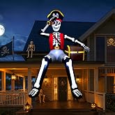 10FT Giant Halloween Inflatables Outdoor Decoration Sitting Skeleton Pirate | Giant Skeleton Halloween Blow Ups Holding Telescope and Treasure, Pirate Halloween Decorations for Rooftop Lawn Garden Yard