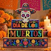 Putuo Decor Day of The Dead Table Decor Sugar Skull Dia De Los Muertos Sign | Rustic Day of the Dead Tiered Tray Decor Halloween Table Sign for Home Office Tabletop Party Decor