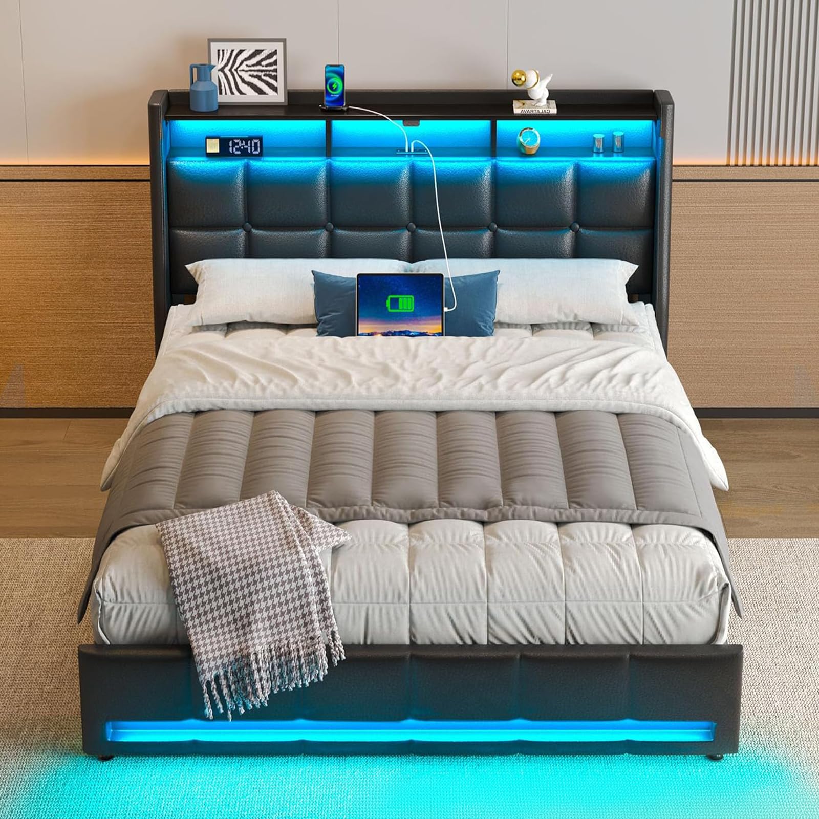 Rolanstar Queen Size Bed Frame with LED Lights and Charging Station, Upholstered Headboard with 2-Tier Storage Shelves, Heavy Duty Metal Frame, Noise-Free Support, Easy Assembly, No Box Spring Needed Image