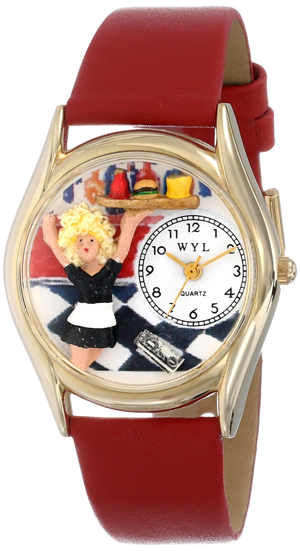 Whimsical Watches Waitress Red Leather and Goldtone Unisex Quartz Watch with White Dial Analogue Display and Multicolour Leather Strap C-0630013