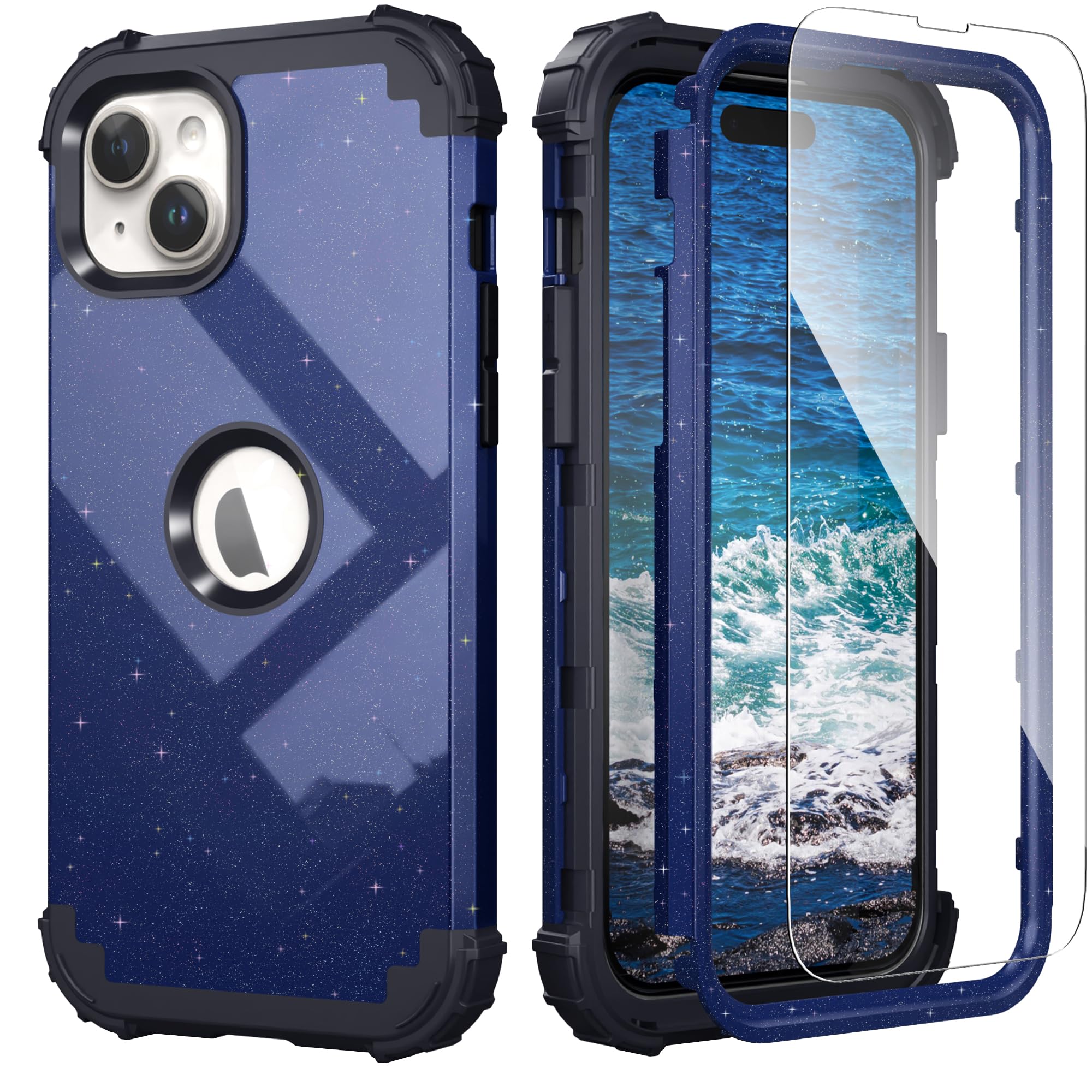 IDweel for iPhone 15 Case with Screen Protector for Men,Luxury 3 in 1 Shockproof Slim Fit Hybrid Heavy Duty Hard PC Cover Soft Silicone Bumper Full Body Anti-Fingerprint Case,Glitter Blue Black