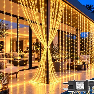 Cortina de luz com ficha, 6Mx3M 600LED Branco Quente