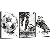3Pcs Soccer Canvas Wall Art Black and White Football Decor pictures Modern Sports Theme Poster Prints for Stadium Boys Room Locker Room Living Game Room Home Decoration