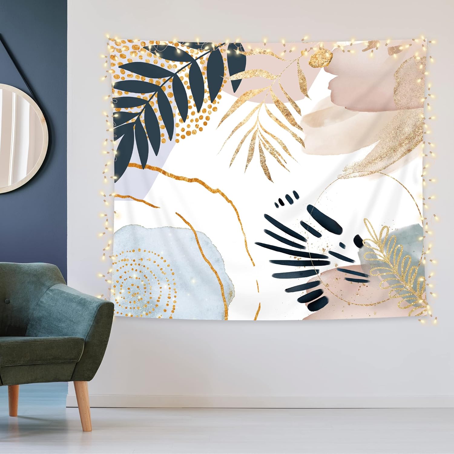 Tapestries - KOMLLEX Boho Abstract Tapestry 59Wx51H Mid Century Geometric Modern Minimalist Wall Hanging Pink Blue Gold Leaves Aesthetic Watercolor Neutral Home Decor Art for Living Room Bedroom Dorm
