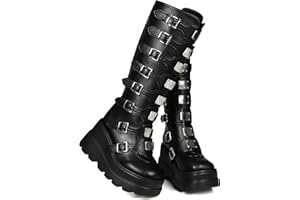 CELNEPHO Womens Wedge Platform Knee High Boots High Heel Round-Toe Zip Punk Goth Mid Calf Combat Boots For Women
