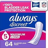 Always Discreet Adult Incontinence Pads for Women, Drier, 5 Drop Long Length, Heavy Absorbency, Pads for Bladder Control Management, Bladder Leaks, &amp; Postpartum Pads, 64ct