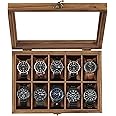 SONGMICS Watch Box, 10-Slot Watch Case, Solid Wood Watch Box Organizer with Glass Lid, Watch Display Case with Removable Pillows, Gift for Loved Ones, Rustic Walnut UJOW100K01
