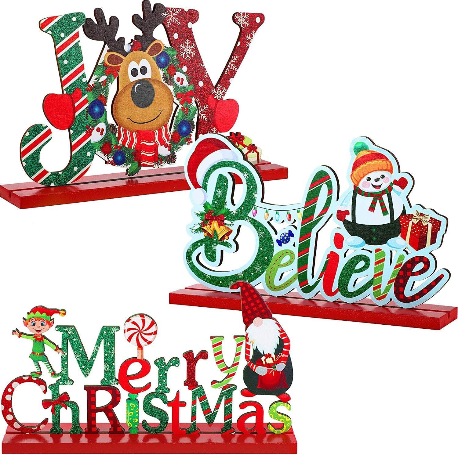 LATERN 3Pcs Christmas Table Decorations, Wooden Tabletop Christmas Sign Merry Christmas Joy Believe Sign Snowman Reindeer Centerpiece for Christmas Holiday Party Indoor Farmhouse Decoration