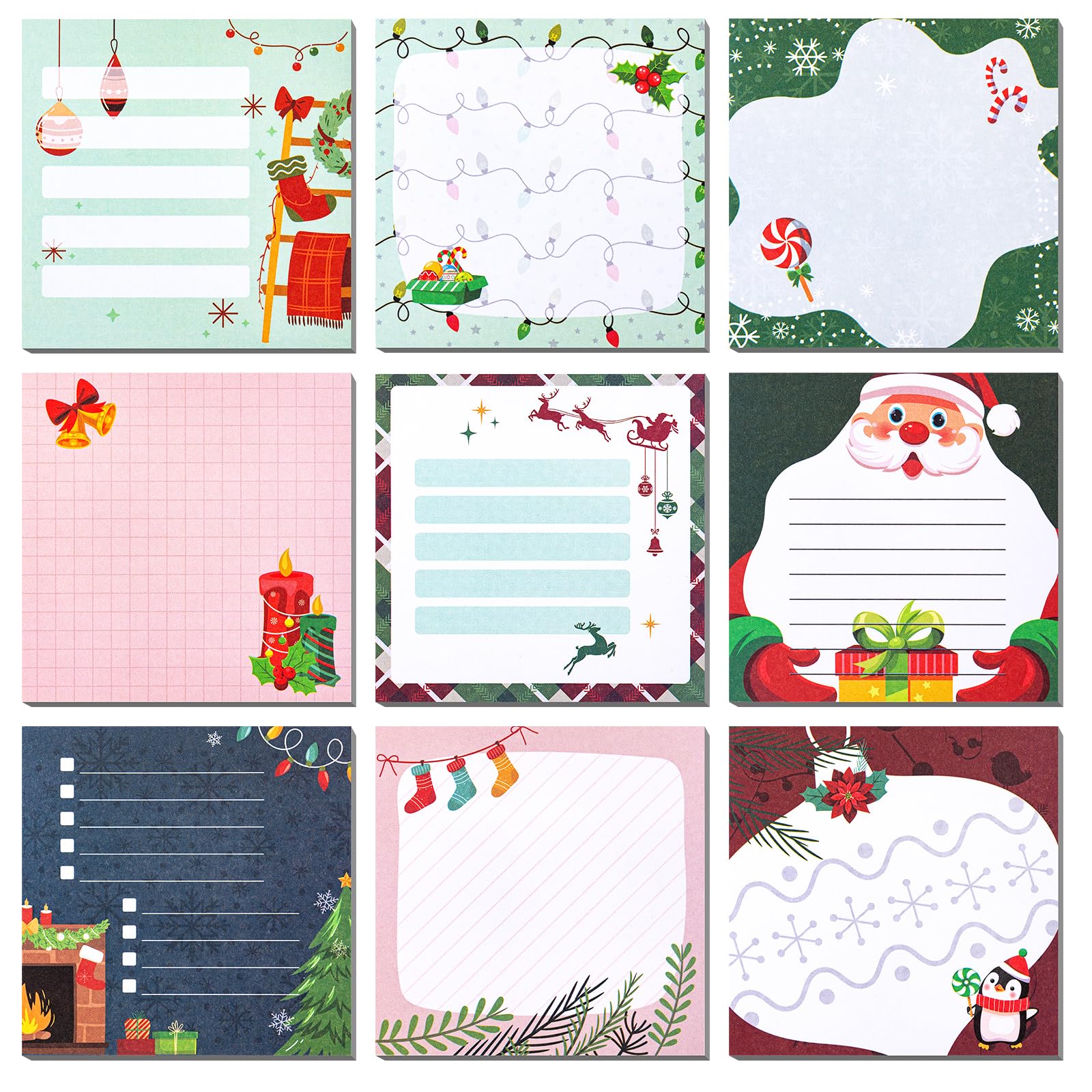 JSRQT 9 Pack Christmas Sticky Notes - 3×3 in, Post Self Stick Notes Pads with Santa Claus Christmas Stockings Cartoon Pattern Design, Self Stick Notepads Memo Pads for School Office Home Decor